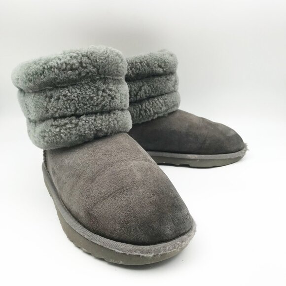 UGG Fluff Mini Quilted Gray Suede Fur Lined Ankle Boots Womens 6 Youth 5 - Picture 1 of 12